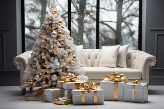 White modern home decorated for Christmas or New Year with a Christmas tree and gifts, a sofa and an illuminated window creating a warm festive atmosphere.