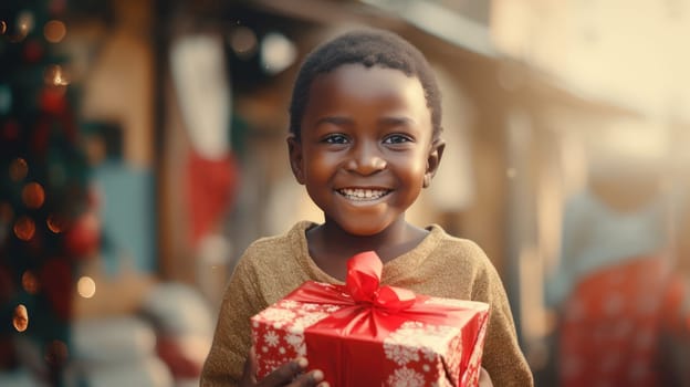 African kid with big giftbox is looking to the camera dusty street on background. Christmas support. Give and share kindness