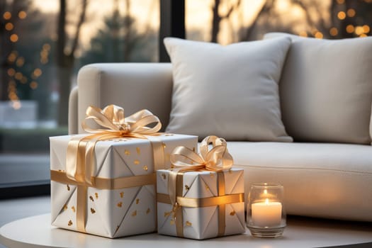 White modern home decorated for Christmas or New Year with a Christmas tree and gifts, a sofa and an illuminated window creating a warm festive atmosphere.