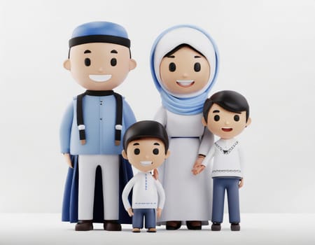 cute 3d character Muslim Family on White background, mother, father, boy and girl sons