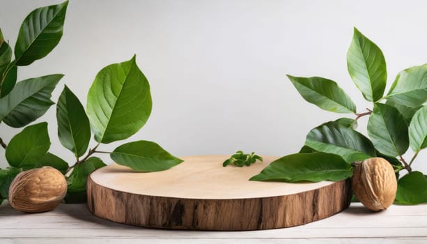 wood podium with green leaves for organic health products placement display mokcup template. 