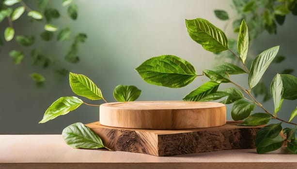 wood podium with green leaves for organic health products placement display mokcup template. 