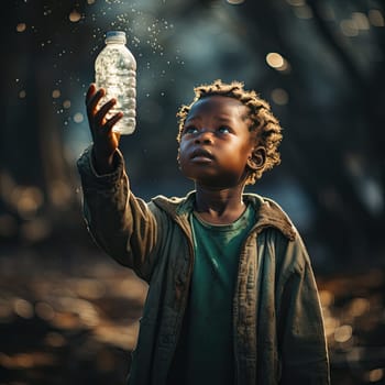 African kid holding an empty water bottle. Social issues and global warming concept.