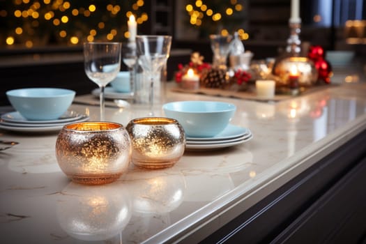 White modern kitchen decorated for chrismas with red decorations, in a Scandinavian style. No people.