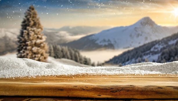 Wooden desk cover of snow and frost with christmas tree branch decoration.