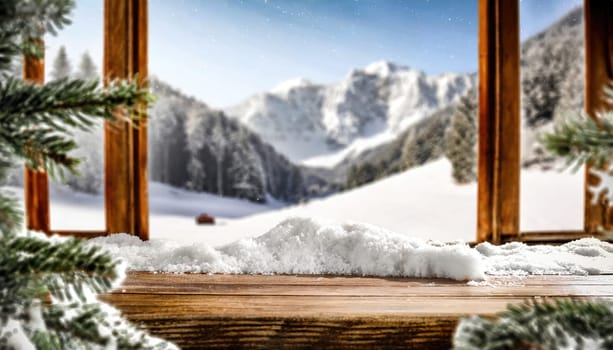 Wooden desk cover of snow and frost with christmas tree branch decoration.