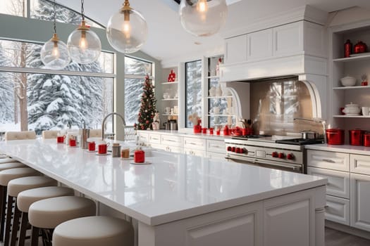 White modern kitchen decorated for chrismas with red decorations, in a Scandinavian style. No people.