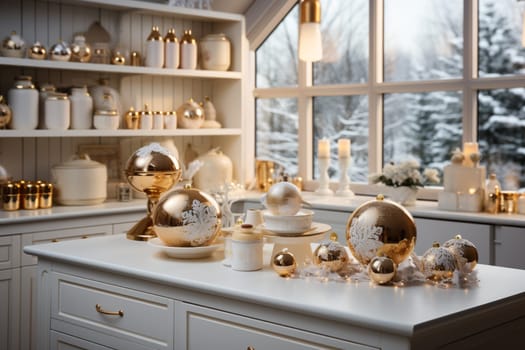 White modern kitchen decorated for chrismas with red decorations, in a Scandinavian style. No people.