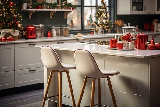 White modern kitchen decorated for chrismas with red decorations, in a Scandinavian style. No people.