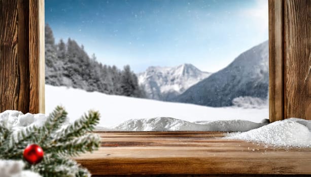 Wooden desk cover of snow and frost with christmas tree branch decoration.