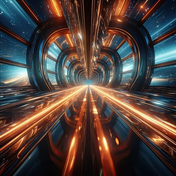Abstract hyperspace illustration of speed time tunnel with futuristic holographic projections.