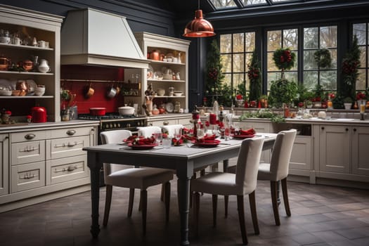 White modern kitchen decorated for chrismas with red decorations, in a Scandinavian style. No people.