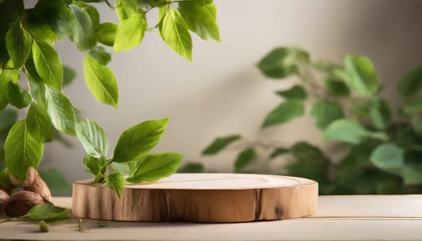 wood podium with green leaves for organic health products placement display mokcup template. 