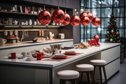 White modern kitchen decorated for chrismas with red decorations, in a Scandinavian style. No people.