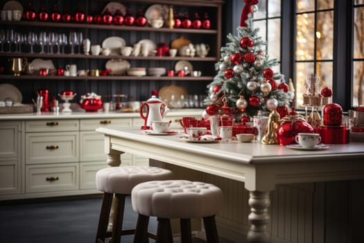 White modern kitchen decorated for chrismas with red decorations, in a Scandinavian style. No people.