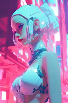 Illustration of a beautiful cyberpunk girl in pink in a futuristic style.