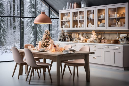 White modern kitchen decorated for chrismas with red decorations, in a Scandinavian style. No people.