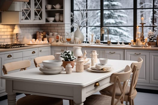 White modern kitchen decorated for chrismas with red decorations, in a Scandinavian style. No people.