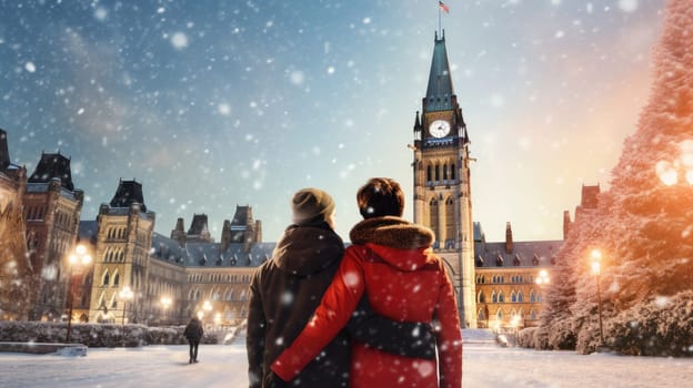 Happy Canadian wearing winter clothes celebrating Christmas holiday at Parliament Hill. People having fun hanging out together walking on city street. Winter holidays and relationship concept.