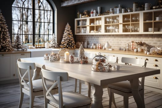 White modern kitchen decorated for chrismas with red decorations, in a Scandinavian style. No people.