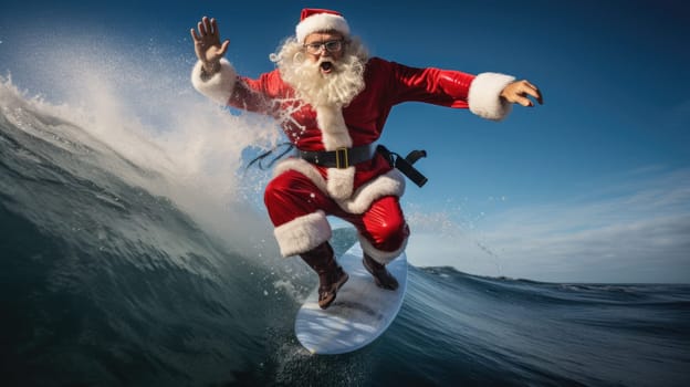 Santa Claus on surf board in ocean. Santa Claus on vacation. Surfing Santa. Santa goes Surfing