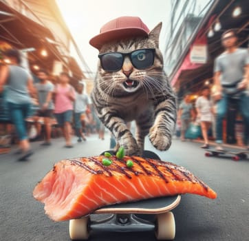 funny cat thieve wear cap and sunglass escape on skateboard from market with stolen grilled salmon ai art generated