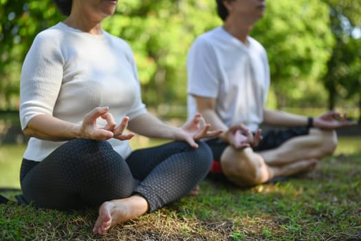 Calm middle age couple sitting in lotus position on green grass during morning meditation in the park.