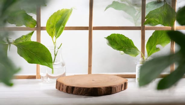 wood podium with green leaves for organic health products placement display mokcup template. 