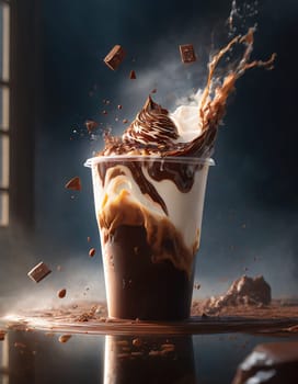 an iced chocolate drink with topped milk and powder cola in plastic cup