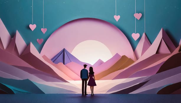  a couple, valentine concept, paper origami cool colors backlighting, paper art.