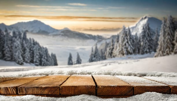 Wooden desk cover of snow and frost with christmas tree branch decoration.