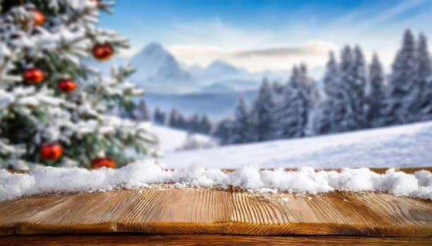 Wooden desk cover of snow and frost with christmas tree branch decoration.