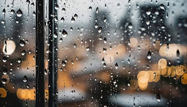 Closeup through window of rainy day with water dripping down glass against blurred