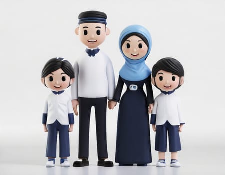 cute 3d character Muslim Family on White background, mother, father, boy and girl sons