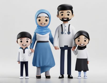 cute 3d character Muslim Family on White background, mother, father, boy and girl sons