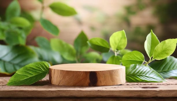 wood podium with green leaves for organic health products placement display mokcup template. 