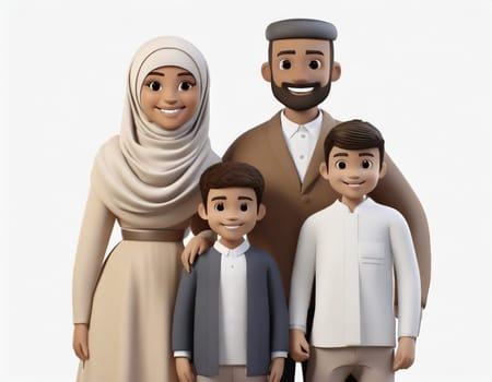 cute 3d character Muslim Family on White background, mother, father, boy and girl sons