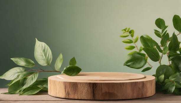 wood podium with green leaves for organic health products placement display mokcup template. 