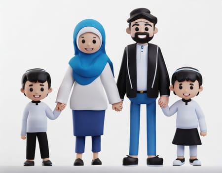 cute 3d character Muslim Family on White background, mother, father, boy and girl sons