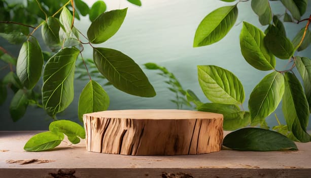 wood podium with green leaves for organic health products placement display mokcup template. 