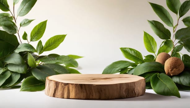 wood podium with green leaves for organic health products placement display mokcup template. 