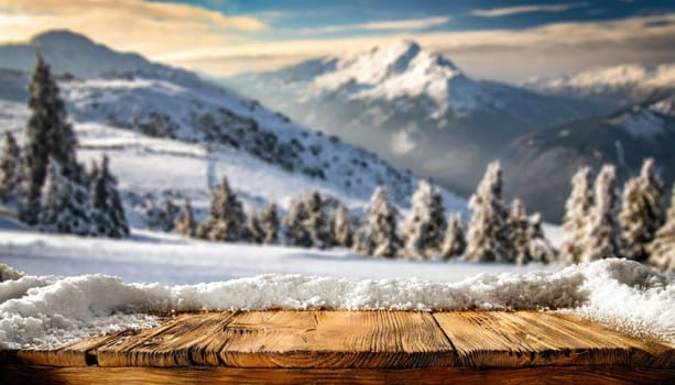 Wooden desk cover of snow and frost with christmas tree branch decoration.