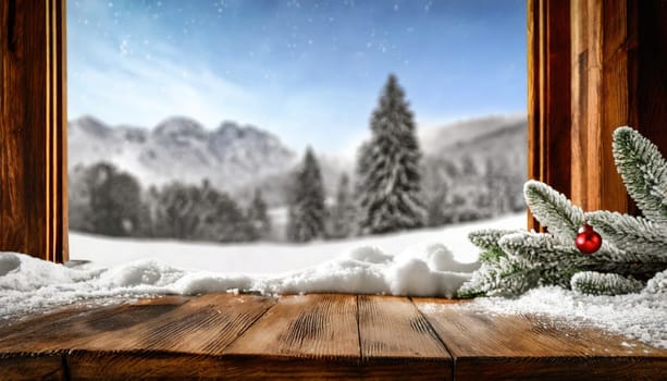 Wooden desk cover of snow and frost with christmas tree branch decoration.