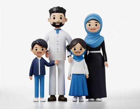 cute 3d character Muslim Family on White background, mother, father, boy and girl sons