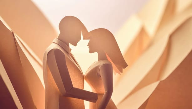  a couple, valentine concept, paper origami cool colors backlighting, paper art.