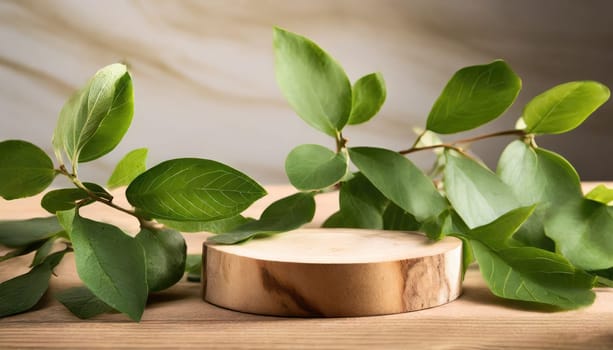 wood podium with green leaves for organic health products placement display mokcup template. 