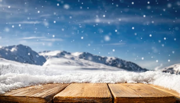 Wooden desk cover of snow and frost with christmas tree branch decoration.