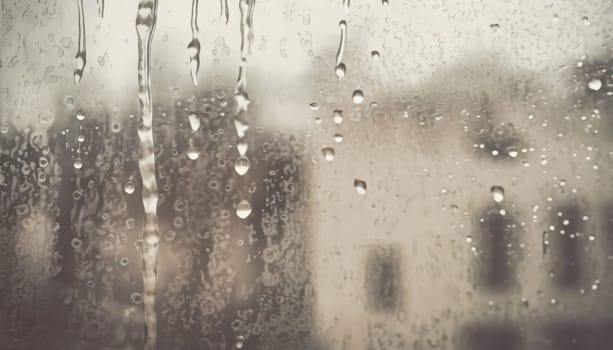 Closeup through window of rainy day with water dripping down glass against blurred