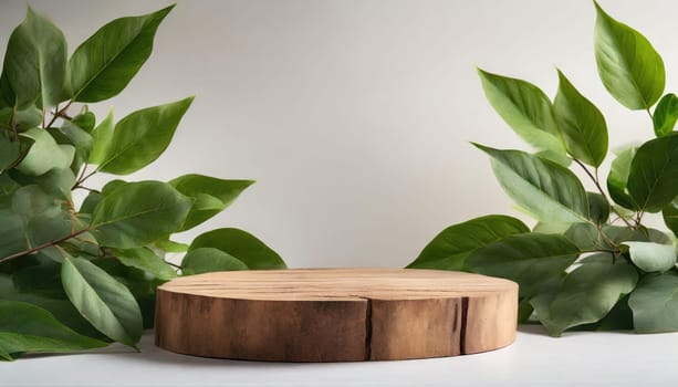 wood podium with green leaves for organic health products placement display mokcup template. 