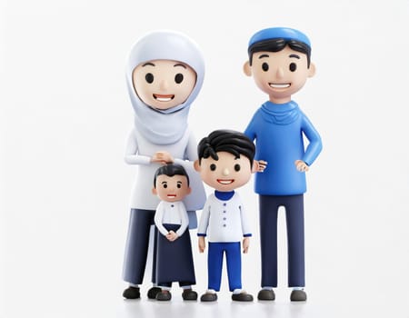 cute 3d character Muslim Family on White background, mother, father, boy and girl sons